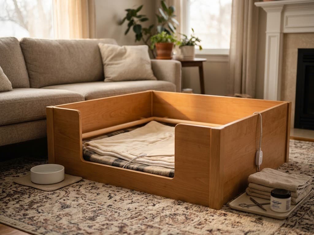 Whelping box setup with clean bedding and heating pad for a pregnant dog