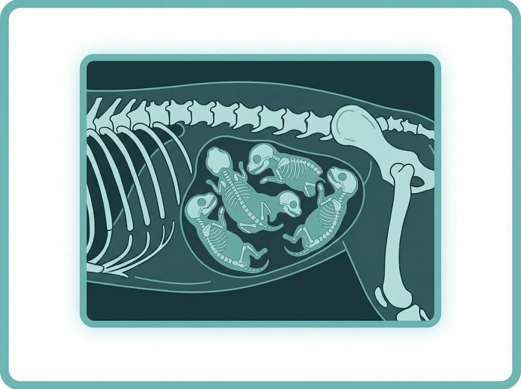 X-ray showing a dog pregnancy at day 45 with clearly visible puppy skeletons
