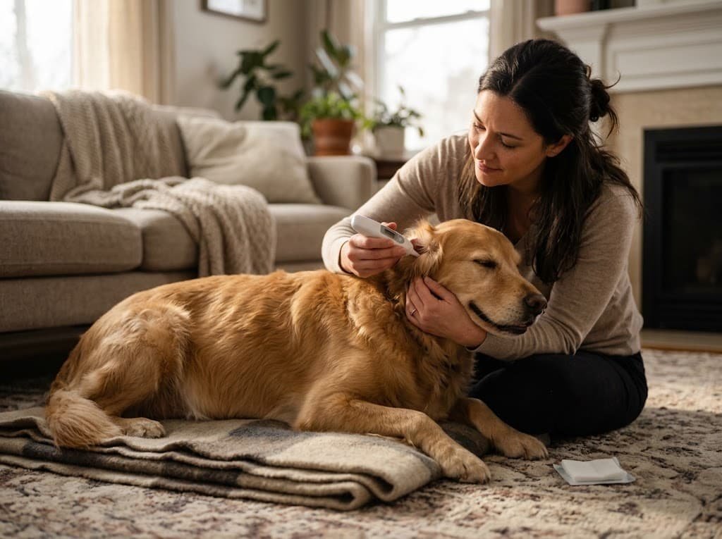 Owner checking a pregnant dog's temperature with a digital thermometer